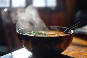 Steaming Bowl Of Noodle Soup A Warm Culinary Delight photo