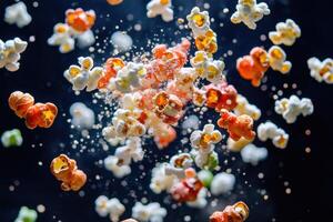 Colorful popcorn kernels explode in midair against a dark background photo