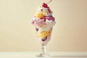 Delicious layered ice cream sundae with cherry photo