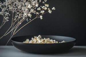 Dried Flowers and Popcorn in a Black Bowl photo