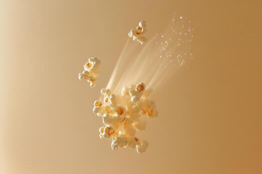 Popcorn Kernels Exploding In Air Against Beige Background photo