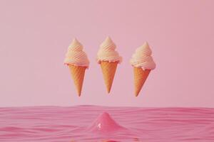Three Soft Serve Ice Cream Cones Float Above Pink Liquid photo
