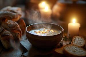 Warm Steaming Soup Bowl With Bread And Candles photo
