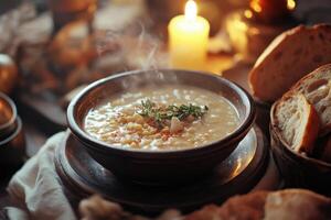 Steaming Bowl Of Creamy Potato Soup With Bread photo