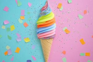 Rainbow Ice Cream Cone With Colorful Confetti photo