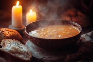 Steaming hot soup served with bread and candles photo