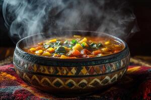 Steaming bowl of hearty vegetable stew photo
