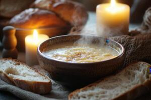 Warm Steaming Potato Soup Served With Crusty Bread photo