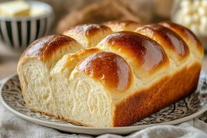 Golden Brown Brioche Loaf Sliced On Plate photo