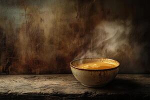 Steaming bowl of delicious autumnal soup on rustic wood photo
