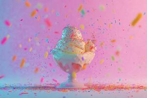 Sweet Treat Ice Cream Sundae Exploding With Sprinkles photo