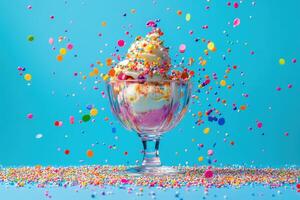 Colorful Ice Cream Sundae with Sprinkles Exploding photo