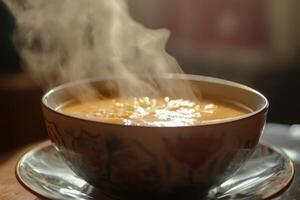 Steaming bowl of warm golden soup sits on saucer photo
