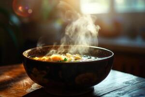 Steaming Bowl Of Delicious Noodle Soup photo