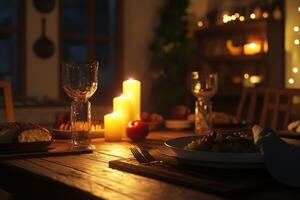 Romantic Dinner Table Setting With Candles and Food photo