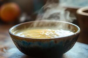 Steaming Hot Soup In A Rustic Bowl photo