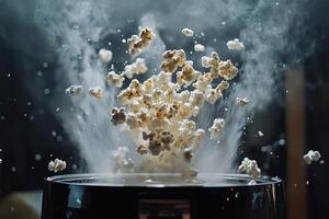 Popcorn exploding from a maker creating a steamy cloud photo