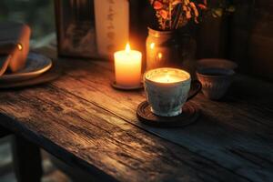 Candlelight illuminates rustic table with mugs and flowers photo