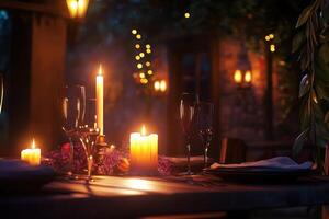 Romantic candlelit dinner table setting in an outdoor restaurant photo