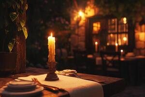 Romantic candlelit dinner table setting in an outdoor restaurant photo