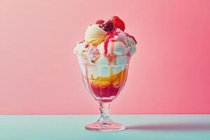 Delicious Ice Cream Sundae with Berries and Sauce photo