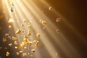 Golden Light Illuminates Falling Popcorn Pieces photo