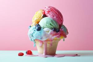 Melted Multicolored Ice Cream Cone With Berries photo