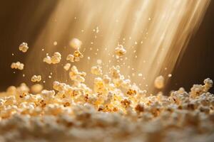 Golden Light Illuminates Falling Popcorn Kernels photo