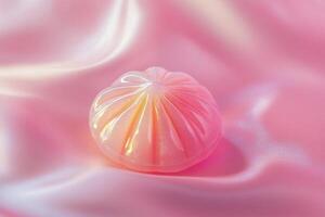 Pink iridescent soap rests on a satin fabric background photo