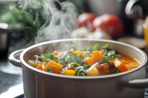 Steaming Vegetable Soup In A White Pot photo