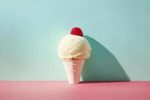 Vanilla Ice Cream Cone Topped With Raspberry photo