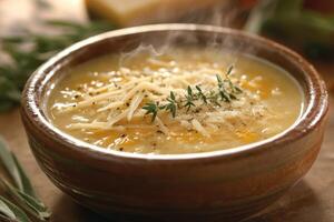 Steaming bowl of creamy soup with cheese and thyme photo