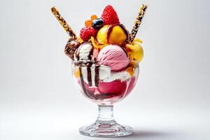 Delicious Multiflavored Ice Cream Sundae with Berries photo