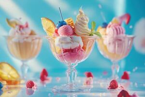 Delicious Triple Scoop Ice Cream Dessert Sundae photo