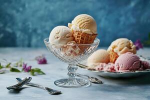 Delicious Vanilla Ice Cream Scoops In Glass Bowl photo