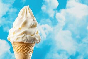 Creamy Vanilla Ice Cream Cone Against Blue Sky photo