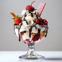 Delicious Ice Cream Sundae with Berries and Waffles photo