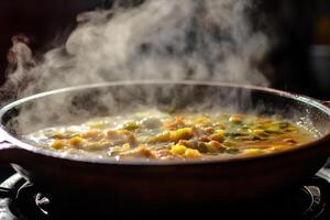 Steaming Pot Of Hearty Vegetable Stew Simmering photo