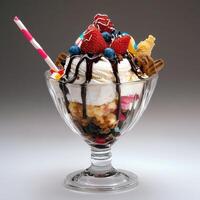 Delicious Ice Cream Sundae With Strawberries Blueberries And Chocolate Sauce photo