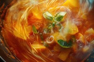 Steaming Tomato Basil Soup in a Dark Pan photo