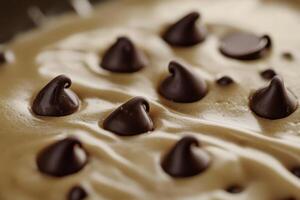 Closeup of chocolate chips in creamy cookie dough photo