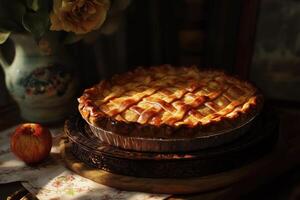 Golden Crust Apple Pie On Wooden Stand photo