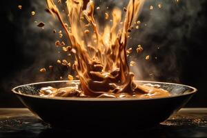 Coffee splashing into a bowl with grounds photo