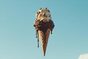 Delicious Melting Ice Cream Cone Against Blue Sky photo