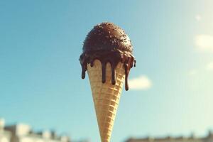 Melted Chocolate Ice Cream Cone Against Blue Sky photo