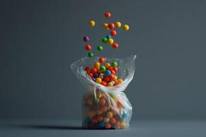 Colorful candies falling into a plastic bag photo