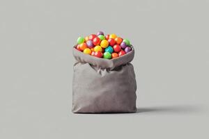 Colorful Candy Balls in a Grey Cloth Bag photo