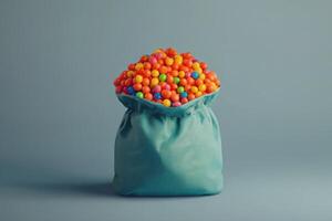 Colorful candies overflowing a teal fabric bag photo