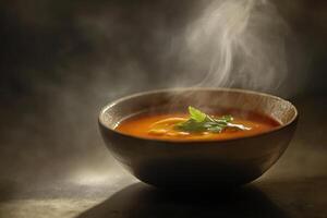 Steaming Bowl of Tomato Soup Garnished with Parsley photo