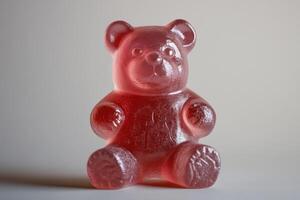 A Red Gummy Bear Candy Sitting On A White Surface photo